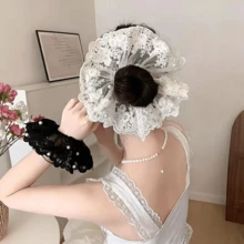 優雅復古法式珍珠蕾絲大腸髮圈，波點馬尾髮帶，日常佩戴髮飾，聚酯纖維材質，四季適用彈性髮圈 - 彩色 - 查看 6