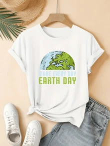 Colorful Planet Symbolizing The Union Of The Continents And The Daily Commitment To . Comfortable White Casual Women's T-Shirt With A Positive Message About Caring For The Earth. - White - View 1