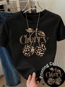 Leopard-Print Cherries Symbolize The Wild Mix Of Sweetness And Feminine Power, Representing Freedom And Modern Confidence. Comfortable White Casual Women's T-Shirt For Everyday Wear. - 黑色 - 查看 1