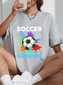 Women's Granny Print Soccer Jersey - Casual Crew Neck Sports Top With Colorful Splash Design, Medium Stretch Fabric, Machine Washable, Suitable For Daily And Family Sports Activities, Soccer Fan Apparel, Vibrant Design, Non-See-Through Material. Z88O - 淺灰色 - 查看 6