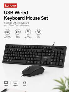 Lenovo 联想有线键盘鼠标套装,104键全尺寸USB办公键盘,搭配1200 DPI人体工学鼠标,适用于笔记本电脑、台式电脑、家用办公设备 - 查看 11