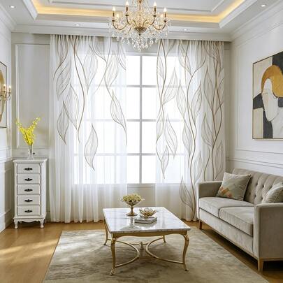 2 pièces, motif de feuilles incurvées multicolores, style minimaliste moderne, rideaux transparents imprimés à plat en tissu 100% polyester, style à passants pour tringle, sans doublure, 90g/m², largeur 180cm, très adaptés pour les rideaux transparents de chambre à coucher, salon, salle à manger, salle de bain, extérieur