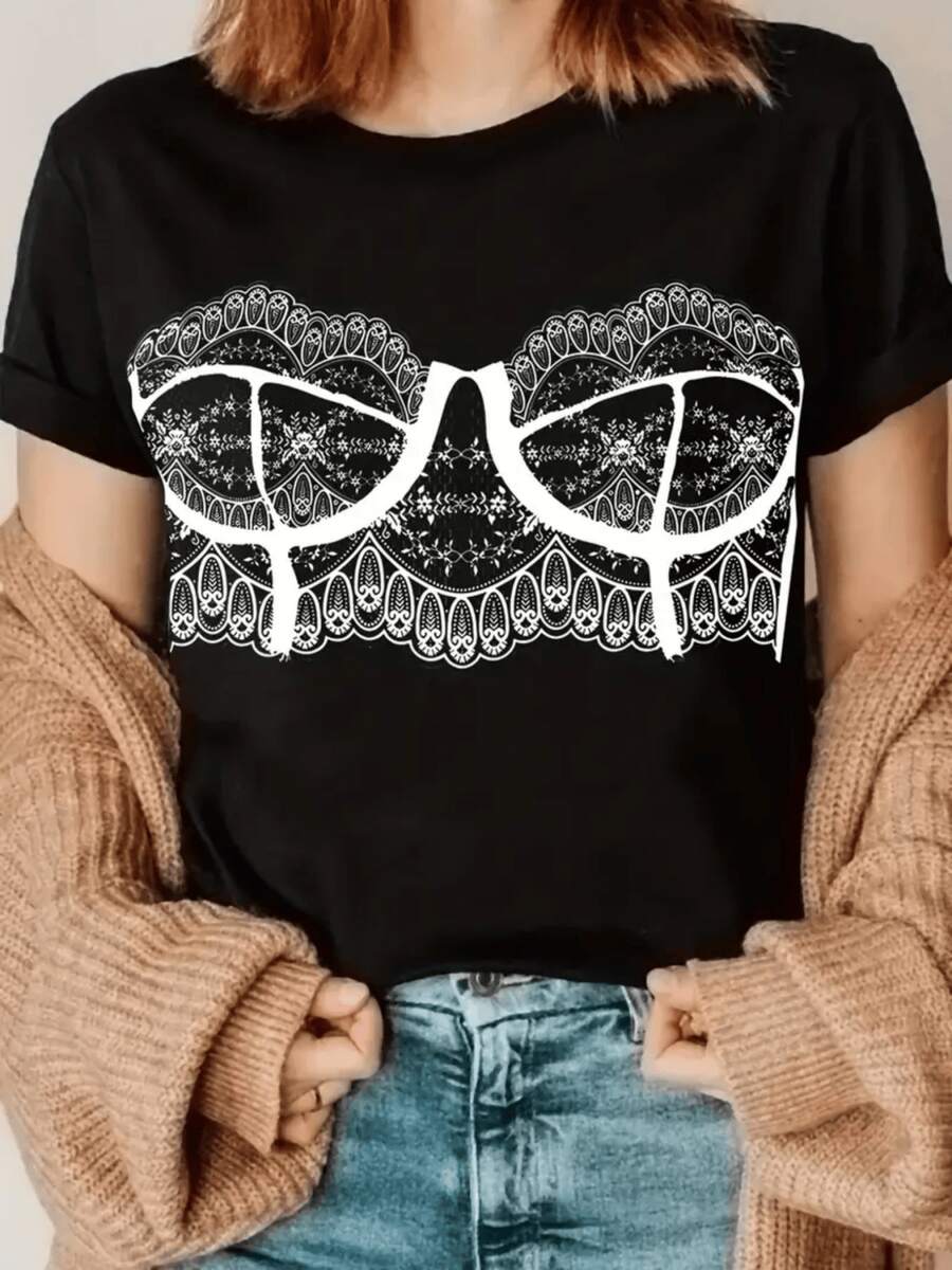 Patrón de trazos blancos formando un conjunto de encaje estilizado que simboliza elegancia y feminidad con motivos de delicadeza y confianza camiseta de mujer moderna casual para uso diario - Negro - Ver 1