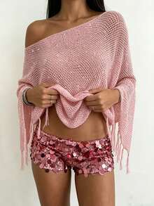Suéter de punto rosa para mujer, primavera/verano, para vacaciones en la playa e isla, cuello amplio, multiusos, calado, con borlas, bajo asimétrico, holgado, para banquete, calle, versátil, casual, con protección solar, tipo cover-up - Rosa - Ver 5