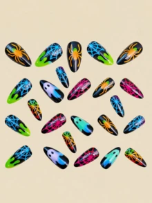 24pcs Halloween Glow-In-The-Dark Nail Decals, Luminous Ghost & Spider Web Nail Stickers, Y2K Style Cute Almond Shaped Fake Nails, Nail Art Supplies - Multicolor - View 3