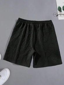 男士夏季派对纹理及膝短裤，3D立体字母压纹设计，度假风宽松休闲裤 - 黑色 - 查看 3