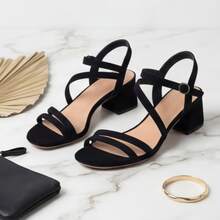 Geeyea A Pair Of Women's High-Heeled Sandals, Simple Chunky Heels, Made Of PU Leather, Featuring Multiple Thin Straps And An Ankle Strap Design. A Sophisticated Yet Casual Style, Suitable For Work Commutes, Summer Outings, And Everyday Wear. - màu đen - Xem 6