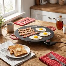 AORAN Electric Grill Pan With Red Handle, Indoor Electric Frying Pan, Household Barbecue Pan, Grill Pan, Non-Stick Pan, Outdoor Barbecue Pan. Adjustable Power Settings. Suitable For Breakfast And Family Gatherings. - US B Type Plug(110-127V) - View 4