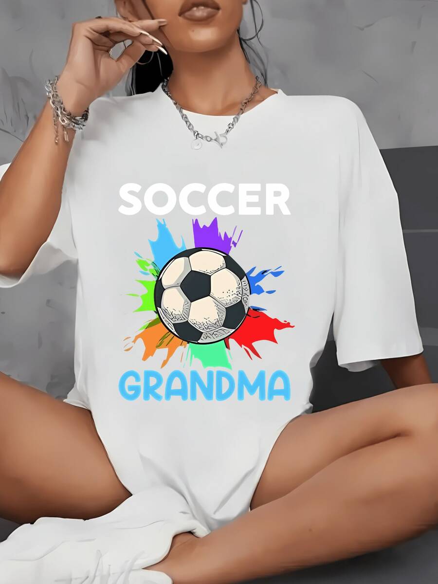 Women's Granny Print Soccer Jersey - Casual Crew Neck Sports Top With Colorful Splash Design, Medium Stretch Fabric, Machine Washable, Suitable For Daily And Family Sports Activities, Soccer Fan Apparel, Vibrant Design, Non-See-Through Material. Z88O - 白色 - 查看 1