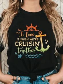Ancla marinera con timón y olas simboliza aventura y amor compartido en el mar con colores vivos que evocan libertad y verano camiseta de mujer casual cómoda para viajes y paseos - Negro - Ver 8