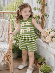 Baby Girl Summer 2-Piece Set: Sleeveless Striped Knit Top With Cute 3D Floral Decor And Ruffled Hem Striped Shorts, Soft & Breathable Fabric Suitable For Daily Wear, Outings - Hijau - View 10
