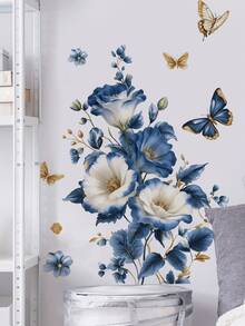 1 buah Stiker Dinding Motif Bunga Peony Ombre Putih & Biru, Semanggi, dan Kupu-kupu Emas, Dekorasi yang Dapat Dilepas untuk Kamar Tidur, Ruang Tamu - 1PC - View 1
