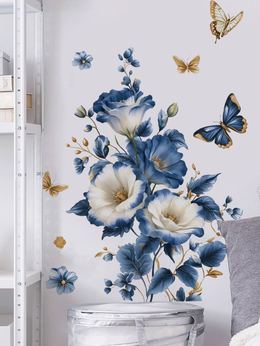 1 buah Stiker Dinding Motif Bunga Peony Ombre Putih & Biru, Semanggi, dan Kupu-kupu Emas, Dekorasi yang Dapat Dilepas untuk Kamar Tidur, Ruang Tamu - 1PC - View 1