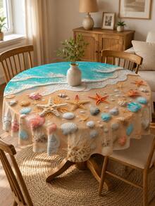 1 pieza Mantel de poliéster con estampado de playa oceánica, ola turquesa, estrella de mar, concha, patrón de coral, opcional redondo/rectangular, borde ondulado, resistente a las arrugas, impermeable, adecuado para cocina, comedor, jardín exterior, patio, fiesta de vacaciones y decoración del hogar de verano - Celeste - Ver 7
