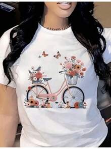Bicicleta rosa con flores coloridas y mariposas que simbolizan libertad alegría y una conexión con la naturaleza camiseta de mujer casual cómoda y moderna - Blanco - Ver 8