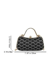 Bolso de mano de estilo retro coreano con patrón geométrico, diseño de cadena de metal, elegante para citas, bodas, versátil como bolso de mano y de hombro - Negro - Ver 2
