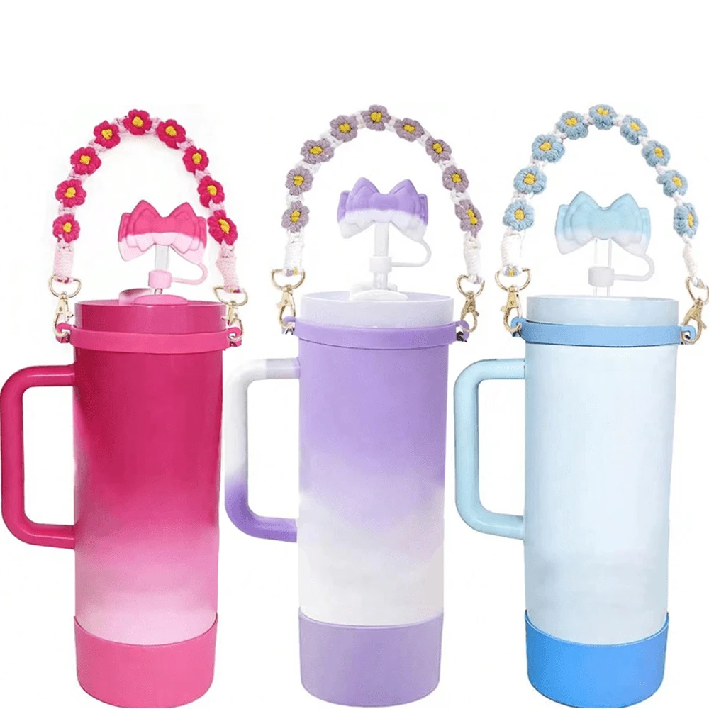 4 piezas Accesorios de decoración de taza, Tapa de pajita con flor de 8-9 mm, Cuerda hecha a mano, Manga de silicona para taza, Anillo de silicona, Apto para tazas de 30-40 onzas, Regalo de Navidad para niñas, Decoración de manualidades DIY, Decoración de Acción de Gracias, Decoración de regalo para amigos, Decoración de fiesta de Navidad, Accesorios (taza no incluida) - Multicolor - Ver 1