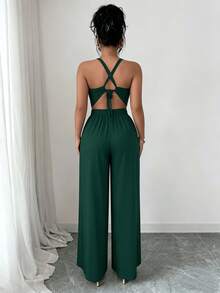 Women's 2 Piece Outfits, Criss Cross Backless Halter Crop Top & High Waist Wide Leg Pants Set, Spring Summer Casual Matching Set For Vacation, Date Night, Beach Trips, Weekend Outings  Halloween Costume Women Cosplay - Green - View 4