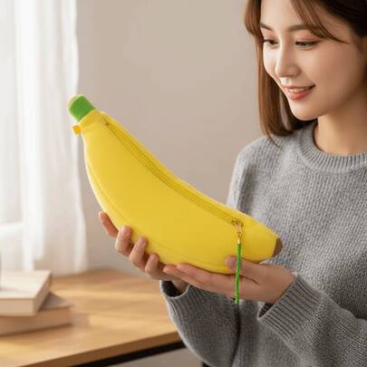 香蕉造型毛绒铅笔盒 大容量可爱笔袋 文具收纳袋 礼品