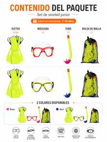 Este kit profesional de snorkel es un conjunto completo 3 en 1 que incluye máscara, tubo y aletas. Adecuado para niños de 7 a 14 años, este equipo de buceo ajustable es ideal para vacaciones en la playa y entrenamiento en la piscina, ya que proporciona una propulsión potente e incluye una red de transporte. Es un conjunto de máscara y aletas de buceo para jóvenes, equipo esencial para deportes acuáticos en verano. - Traje de buceo - View 4