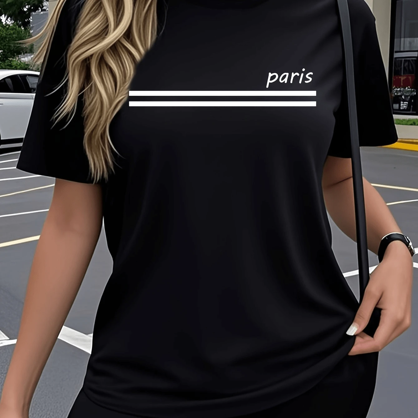 Women's Y2K Paris Print T-Shirt - Plus Size Paris Art Ideal For Gym, Casual Wear And Travel - Soft And Breathable Short Sleeve Crew Neck Blouse - 黑色 - 查看 1