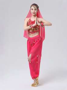 Belly Dance Costume: Gold Coin Spaghetti Strap Top + Harem Pants + Headscarf, Suitable For Performance, Halloween And Theme Parties (Multiple Colors Available) - Multicolor - View 28