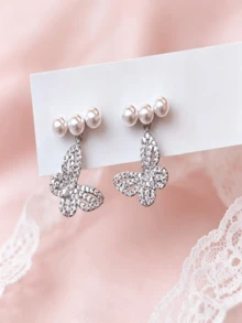 1 Đôi Khuyên Tai Hình Bướm Đính Kim Cương Toàn Bộ, Ngọc Trai, Kiểu Dáng Cao Cấp Mới, Độc Đáo, Sang Trọng, Mặt Dây Chuyền Hình Bướm 3D. - bông tai - Xem 4