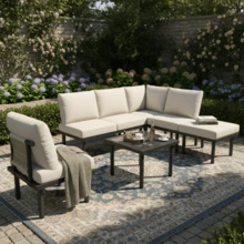 Set Of 6 Garden Lounge Chairs With Galvanized Iron Frame, Rope Garden Furniture Set, Beige Braided Rope, Adjustable Legs, Smooth Glass Tabletop, Includes All Seat And Back Cushions, Beige - 灰色 - 查看 12