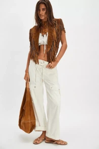 Women's Suede Tassel Vest 70s Hippie Outfit Sleeveless Open Front Vest Western Collar - Camel - Ver 7