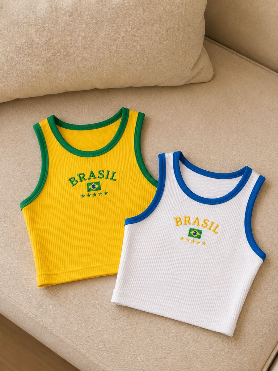 Kit Of 2 Brazil Women's Tank Top Ribbed Jerseys, World Cup Fashion - 黃色+白色 - 查看 1