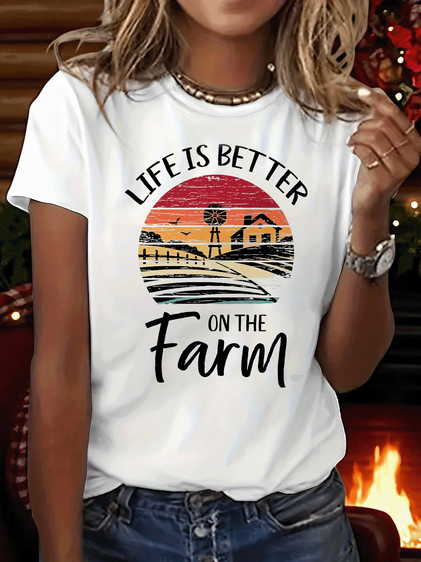 Camiseta con estampado gráfico "La vida es mejor en la granja"| Top casual estético de manga corta y cuello redondo para todas las estaciones, ropa de mujer - [Blanco] - Ver 1