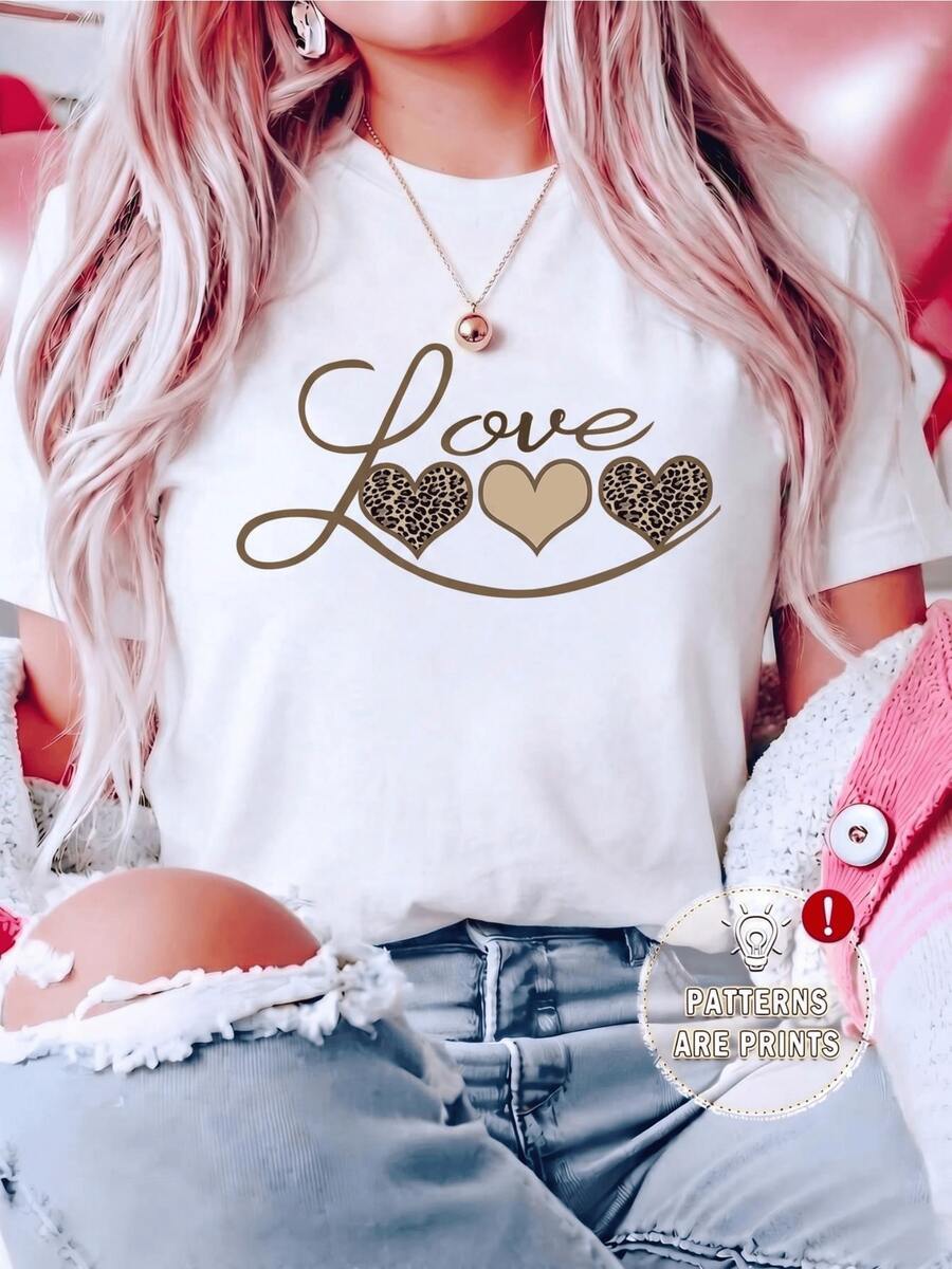 Love With Hearts And Animal Texture Symbolizing Passion, Tenderness And Inner Strength. Women's Casual Modern Comfortable T-Shirt For Everyday Wear - White - View 1