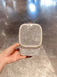 1pc Luxury Sparkling Rhinestone Jewelry Box, Makeup Lipstick Storage Box For Necklace Earrings Rings, Portable Travel Jewelry Case With Mirror, Elegant Gift For Girls And Women - Silver - View 9