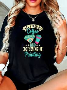 Size - Women's Graphic T-Shirt With Coffee And Diamond Print - Black Short Sleeve T-Shirt With Round Neck And Light Elasticity, Casual Geometric Design For Spring, Summer And Autumn, All Season Comfort, Spring And Summer Clothing, Fun Text Design, Comfortable Fit T-Shirt - 黑色 - 查看 1