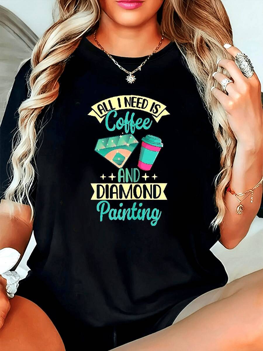 Size - Women's Graphic T-Shirt With Coffee And Diamond Print - Black Short Sleeve T-Shirt With Round Neck And Light Elasticity, Casual Geometric Design For Spring, Summer And Autumn, All Season Comfort, Spring And Summer Clothing, Fun Text Design, Comfortable Fit T-Shirt - 黑色 - 查看 1