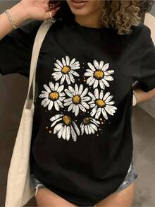 White Daisy Flowers Representing Purity, Optimism, And Freedom, With Open Petals Radiating Joy And Positive Energy. A Modern And Comfortable Casual Women's T-Shirt For Everyday Wear. - 黑色 - 查看 8