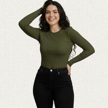Women's Ribbed Knit Blouse, Long Sleeve, Basic, Round Neck - xanh quân đội - Xem 4