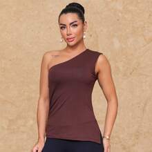 Blusa Feminina Nula Manca em Viscolycra Ombro Único Elegante Casual - Marrom - Visão 13