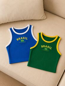 Kit Of 2 Brazil Women's Tank Top Ribbed Jerseys, World Cup Fashion - Azul + Verde - View 1