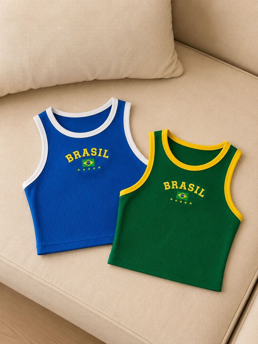 Kit Of 2 Brazil Women's Tank Top Ribbed Jerseys, World Cup Fashion - Azul + Verde - View 1