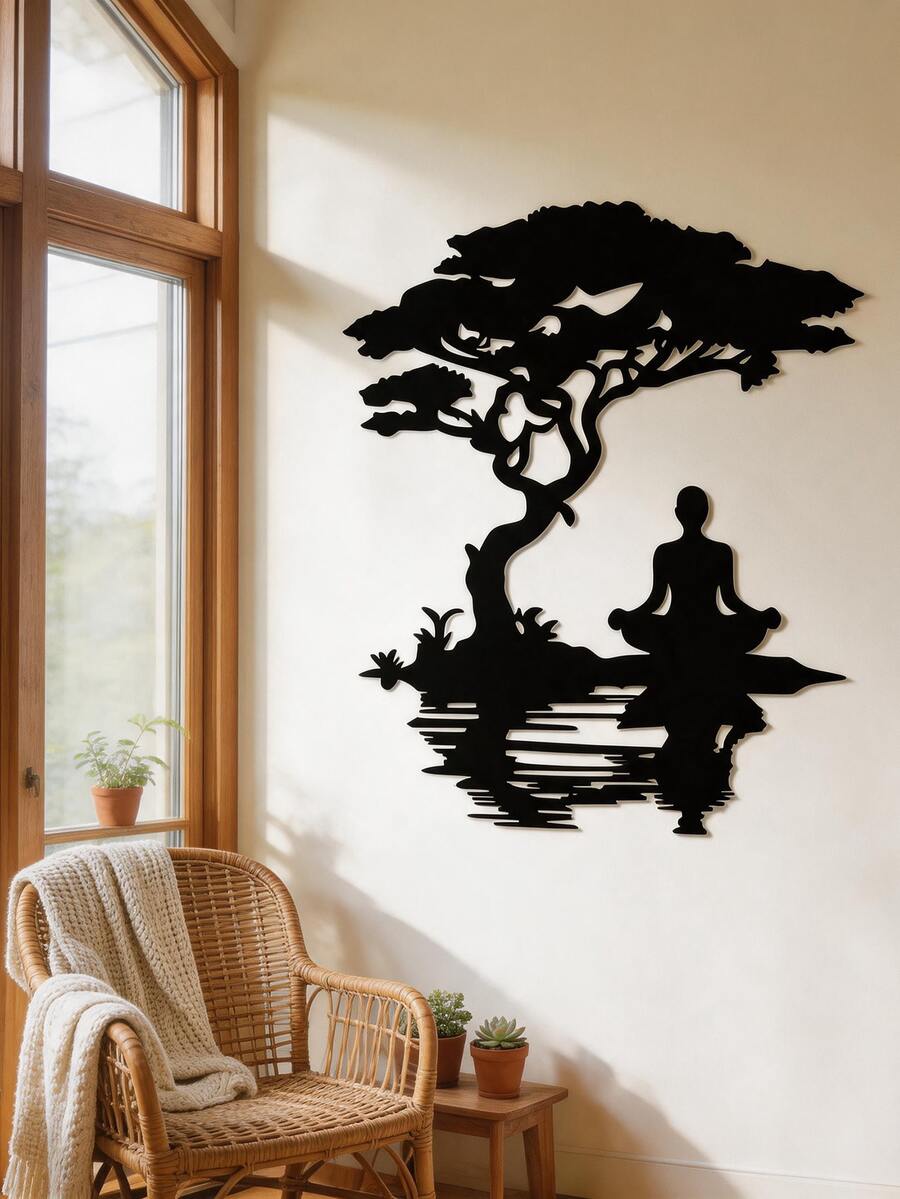 Bonsai Tree Meditation Man Metal Wall Art, Zen Yoga Silhouette Iron Wall Hanging Decor, Minimalist Black Spiritual Tree Reflection Wall Sculpture For Bathroom Bedroom Spa Home Decoration - One Size Fits All - View 1