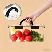 Divided Clear Refrigerator Storage Container With Airtight Lid, Detachable Compartment Fridge Organizer Bin With Drain Holes, Portable Handle Food Storage Box For Fruit Vegetable Meat Snack, Ideal For Family Kitchen, Apartment, Rental House - Multicolor - View 3