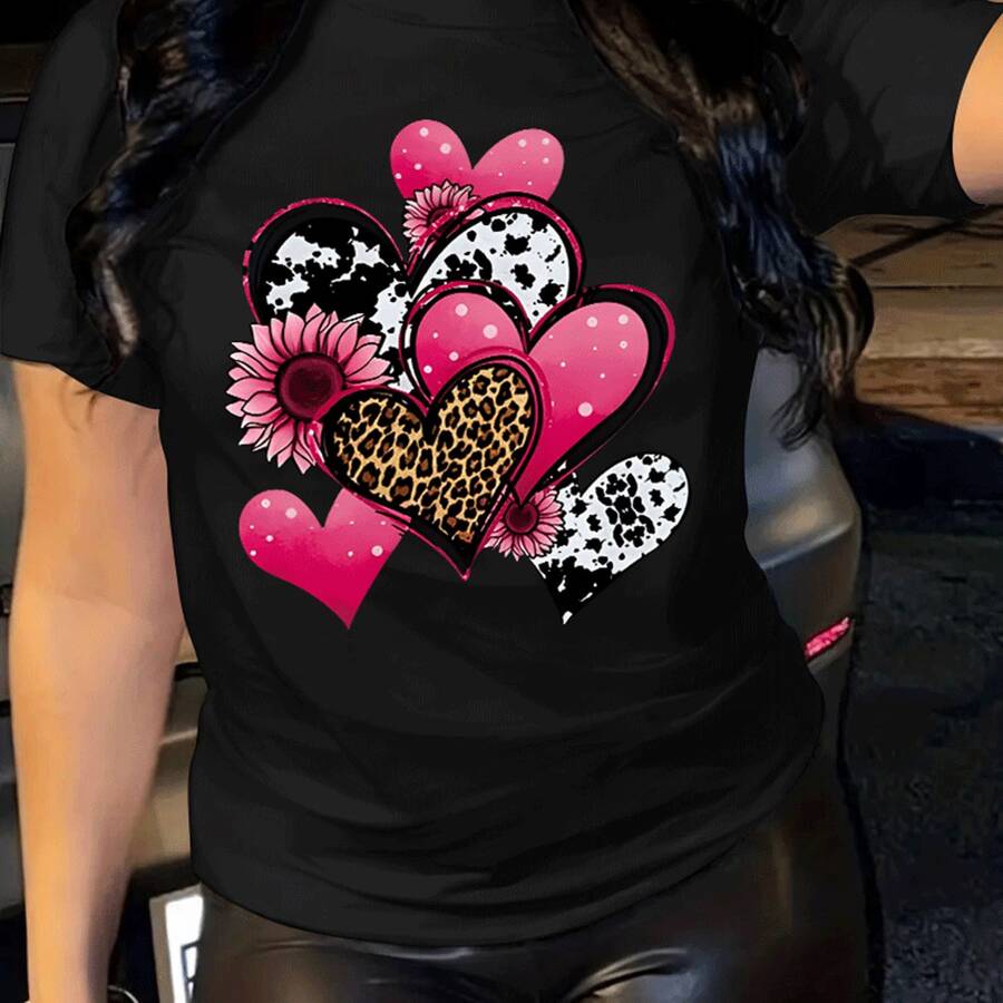Women's Short-Sleeved Sports T-Shirt With Ribbed Knotted Neck, Double Stitching On The Shoulder, Fashionable, Casual And Comfortable, With A Love Heart - 黑色 - 查看 1