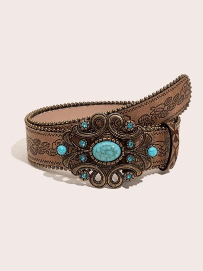 1 Stück Vintage Western Cowgirl Stil Türkis Dekor Metall Gürtelschnalle, geprägt aus PU-Leder, geeignet für Jeans, Freizeithosen, Alltagskleidung, Modestil, Outdoor-Aktivitäten, Western-Partys, Valentinstag, Halloween, Musikfestivals, Frauen, Mutter, Geschenk, Geburtstag, Retro, Reisen, Ganzjährig, Urlaub