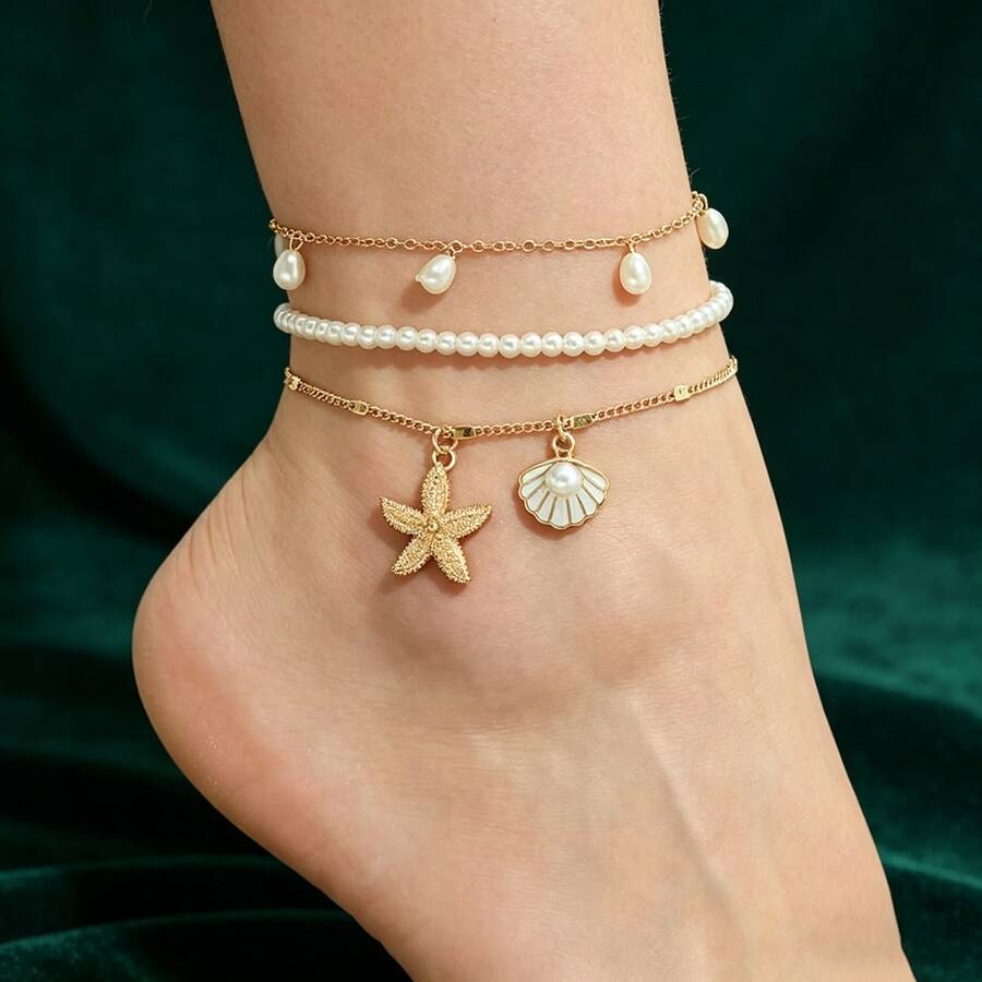 1 Set de pulsera con colgante de estrella de mar y concha hechos a mano, adecuado para vacaciones en la playa - Tobillera blanca 1 - Ver 1