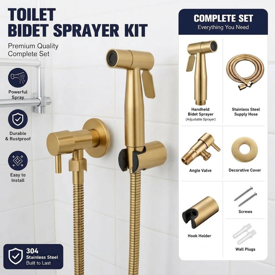 Bộ vòi xịt vệ sinh cầm tay bằng thép không gỉ - Vòi xịt áp lực cao, thích hợp cho vệ sinh phòng tắm, kèm ống dẫn bằng kim loại và van chữ T. - vàng - Xem 1