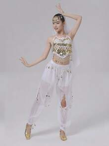 Belly Dance Costume: Gold Coin Spaghetti Strap Top + Harem Pants + Headscarf, Suitable For Performance, Halloween And Theme Parties (Multiple Colors Available) - Multicolor - View 27
