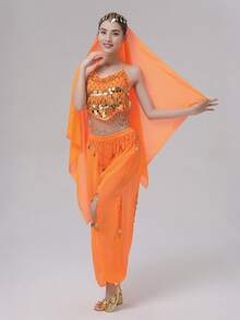 Belly Dance Costume: Gold Coin Spaghetti Strap Top + Harem Pants + Headscarf, Suitable For Performance, Halloween And Theme Parties (Multiple Colors Available) - Multicolor - View 11