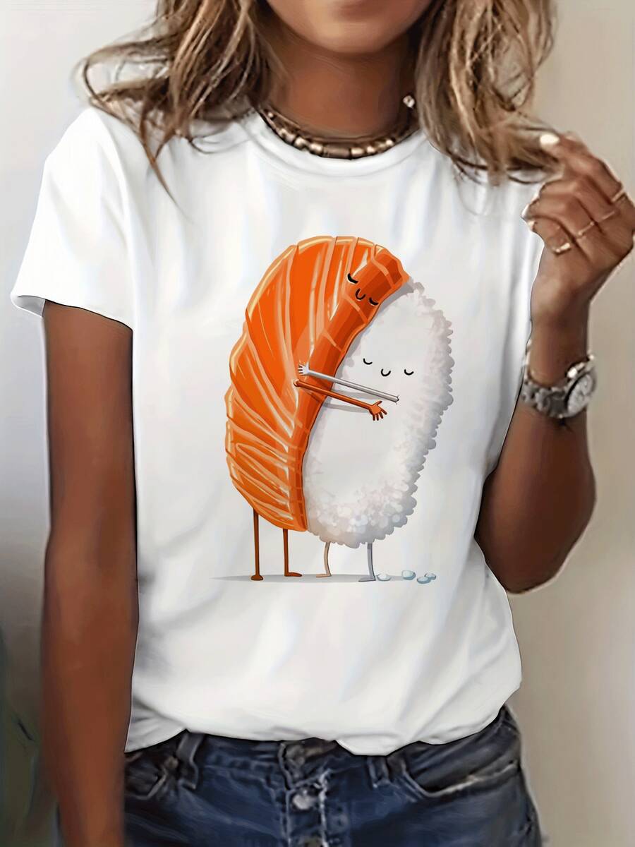 Camiseta gráfica de humor Sushi Hug, manga corta y cuello redondo, top casual para verano y primavera, ropa de mujer - Blanco - Ver 1