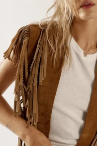 Women's Suede Tassel Vest 70s Hippie Outfit Sleeveless Open Front Vest Western Collar - Camel - Ver 8